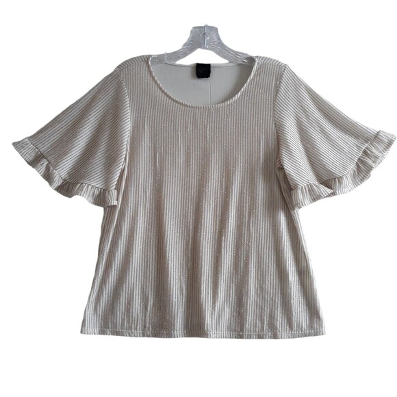W5 Top Women’s Small Beige Metallic Gold Shimmer Stripes Ruffle Sleeves Festive - Picture 1 of 10